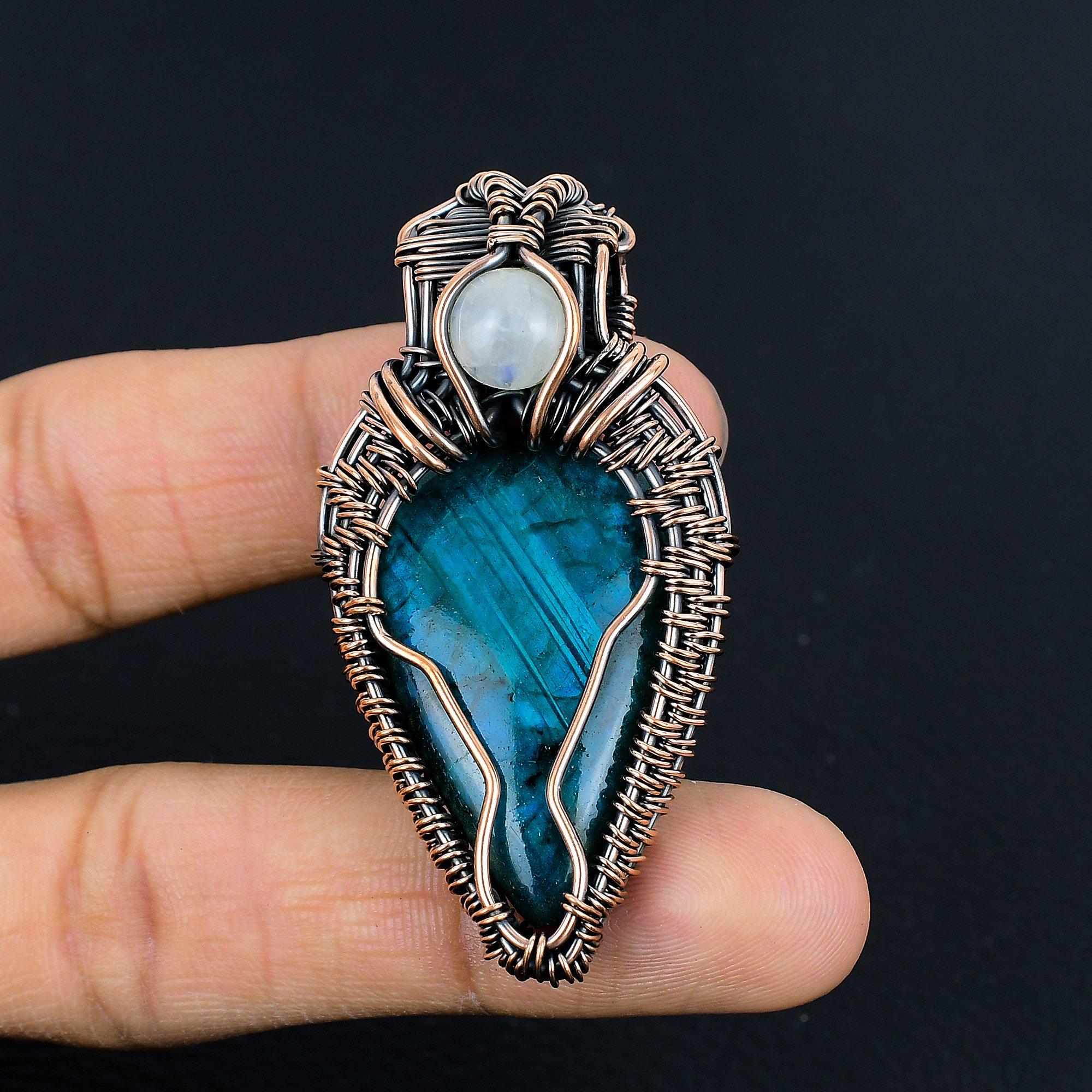 

Blue Flash Labradorite & Moonstone Handmade Pendant, Natural Gemstone Jewelry, 999 Copper Wire Wrapped Pendant Jewelry, For Gift 2.55 Inches