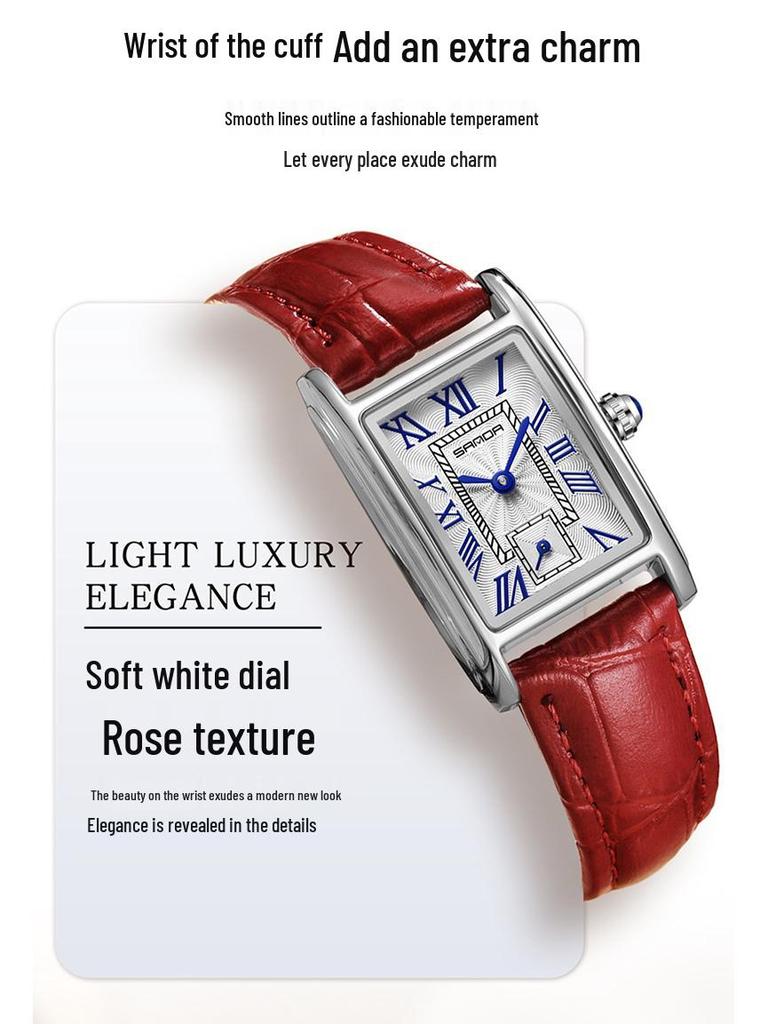 Stylish Sanda Square Steel & Leather Quartz Watch with Roman Numerals, Waterproof Design for Women