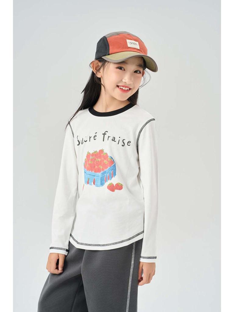 Autumn Kids' Color Block Cartoon Linen T-Shirt - Boys & Girls Long Sleeve Crew Neck