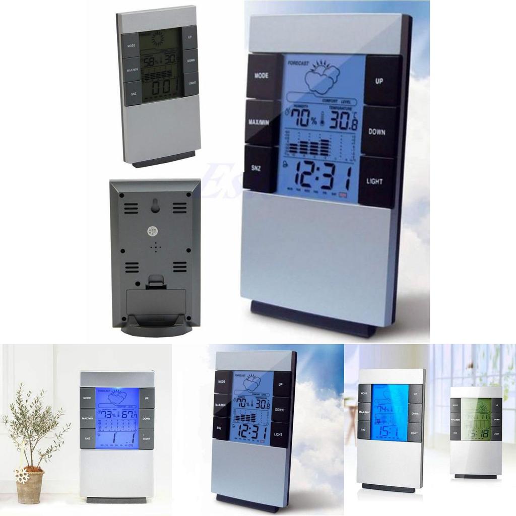 Igrometro Termometro Digitale LCD Misuratore di Umidità Previsioni Meteo Orologio Sveglia Con Calibrazione Automatica e Display Retroilluminato Blu