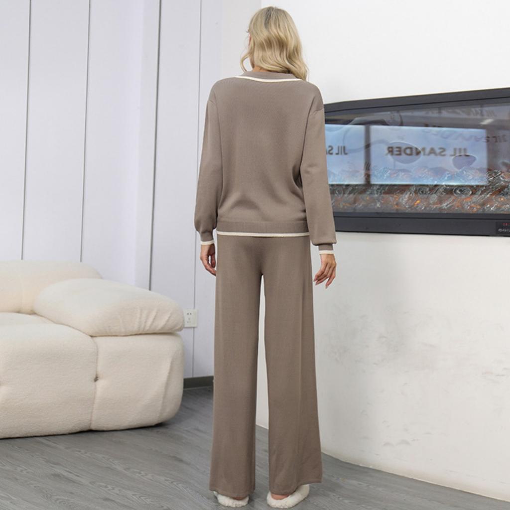 Autumn and Winter Collar Single-breasted Loose Casual Wide-leg Pants Knitted Two-piece Set for Women