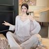 Women’s Spring Autumn Lace Ice Silk Pajama Set Sexy Camisole Top, Long Pants and Robe Three-Piece Loungewear