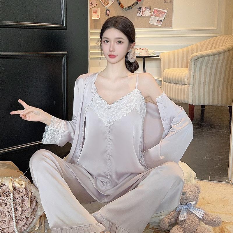 Women’s Spring Autumn Lace Ice Silk Pajama Set Sexy Camisole Top, Long Pants and Robe Three-Piece Loungewear