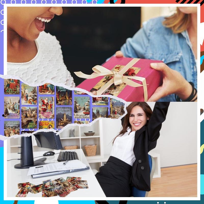 50-PCS Vintage Style Illustrated Christmas Cards with Typography Design, Creative Art Greeting Cards for Holiday Wishes