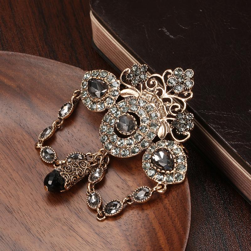 Fashion Boho Crown Brooch For Women Antique Gold Color Full Gray Crystal Moroccan Wedding Jewelry African Bridal Bijoux