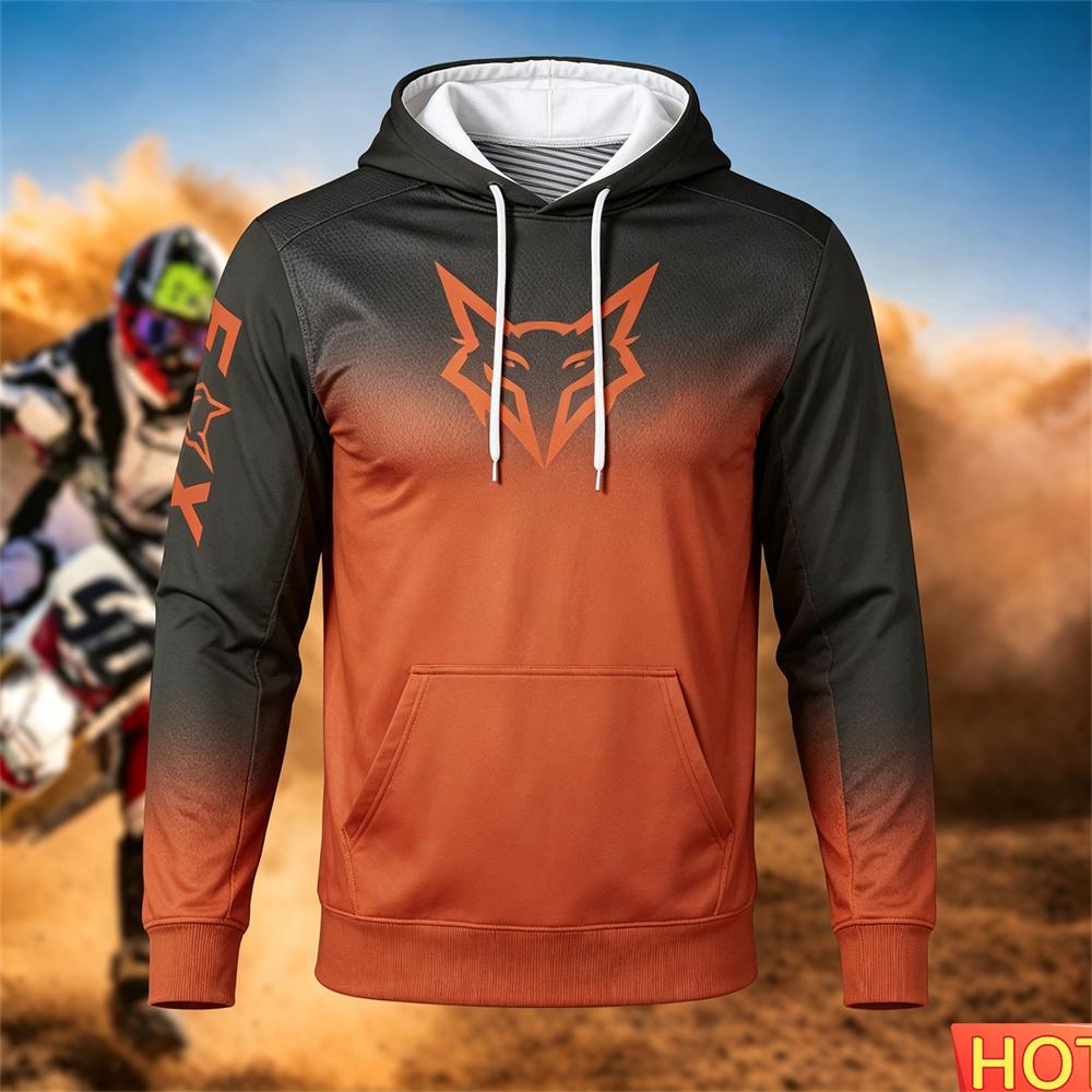 Autumn/Winter Men's Racing Hoodie Outdoor Cycling Hooded Pullover Fox Pattern Pocket Hoodie Sports Motorcycle Hooded SweatshirtsUnisex Woman's
