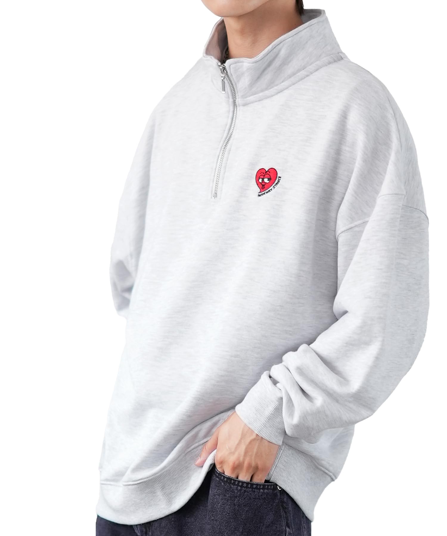 

IMPROBS SIDEWAY STANCE Men s Half-Zip Fleece Sweatshirt with Embroidered One-Point Design, 70220, B-Ash