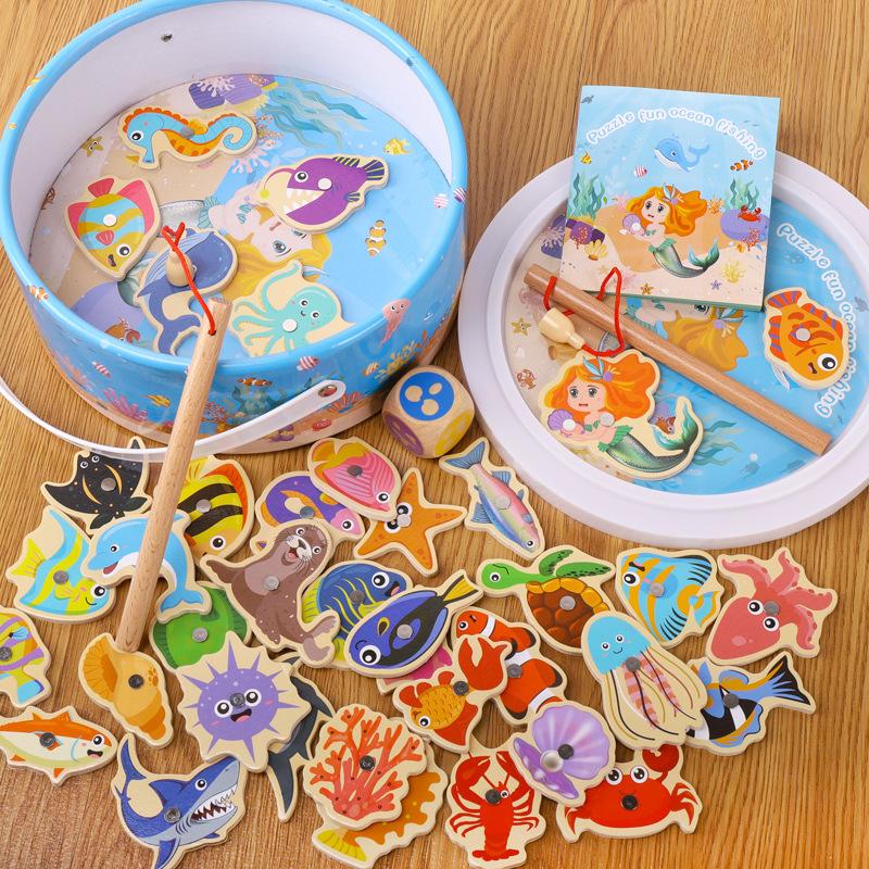 Fishing Toys Children'S Magnetic Fish Wooden Toddler Barreled Marine Animal Cognitive Interactive Toys, Fishing Games