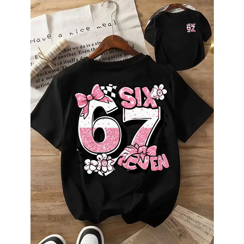 Girls Crewneck Summer Tee, Angel Lucky Number 67 All Year Lucky Double Side Print