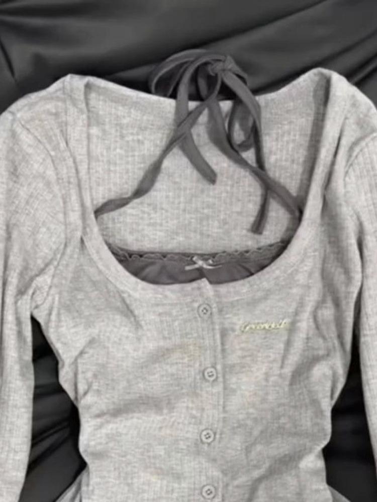 Autumn Korean Y2k Vintage Fake 2 Piece Set Women Elegant Long Sleeve Design Tops Harajuku Female Casual Lace 2000s Chic T-Shirt