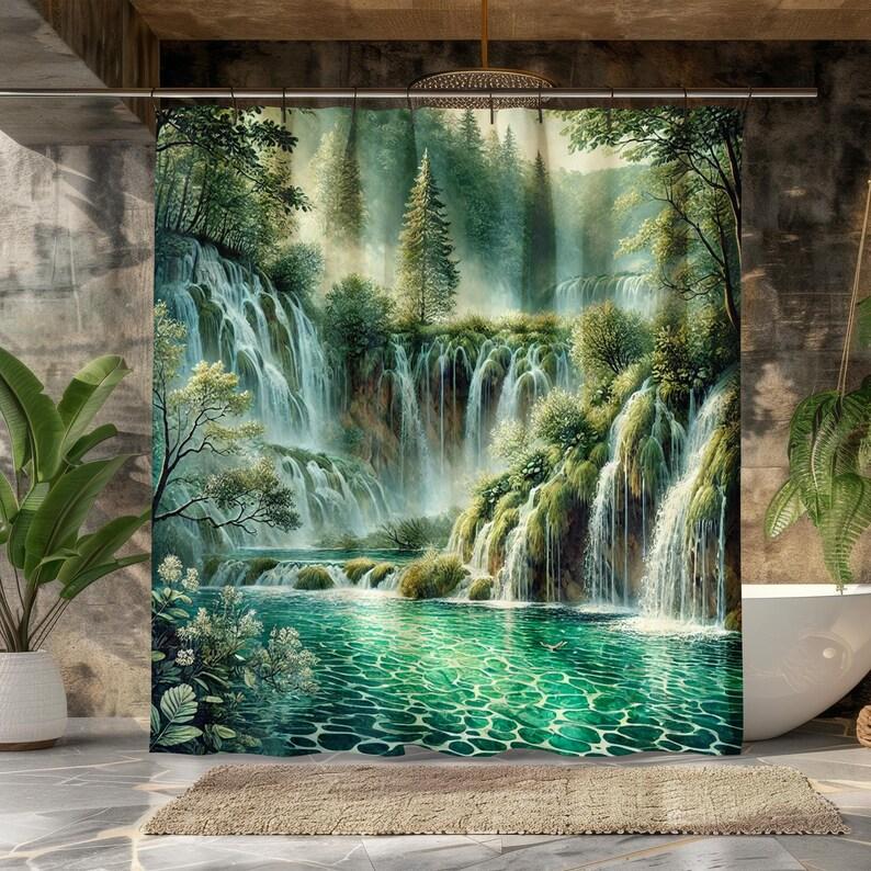 Waterfall Shower Curtain - Serene Nature Decor, Lush Forest Landscape, Scenic River Design, Waterproof Fabric, Tranquil Bath
