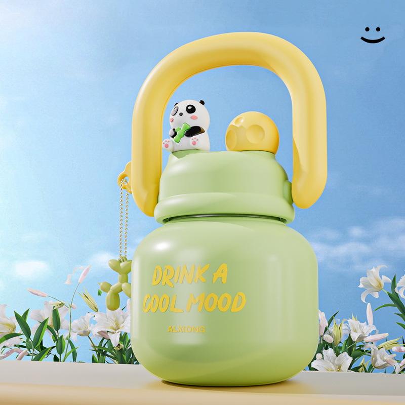 New Large Capacity with Straw Carrying Pot Stainless Steel Double-layer Vacuum Thermos Cup High Appearance Horizontal Hand Cup