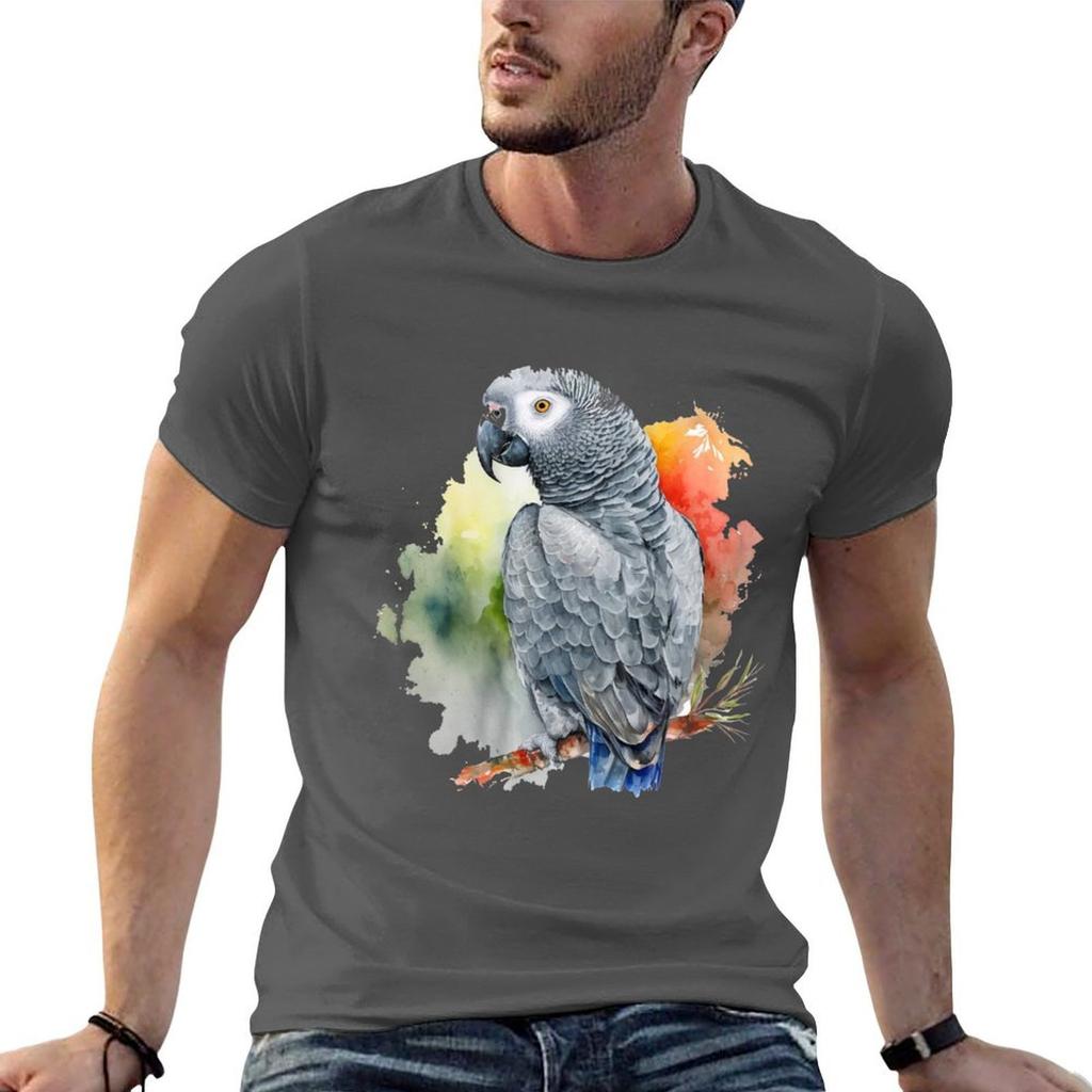 African Grey Parrot Watercolor Design Tshirt Utility Work Short Sleeve Top