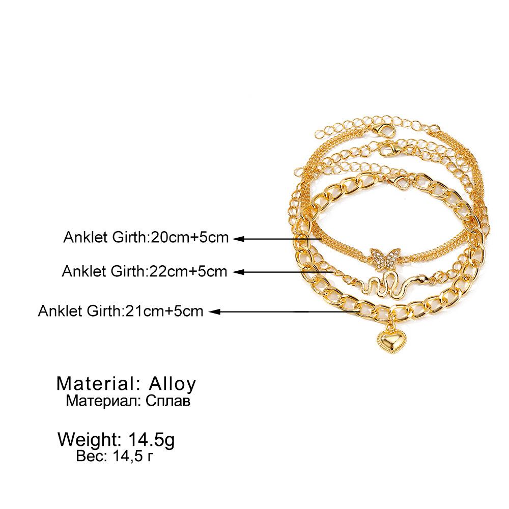 Golden Chain Snake Butterfly Multi-layer Artificial Crystal Chain Creative Anklet 3-piece Vintage Anklet Set For Women Jewelry