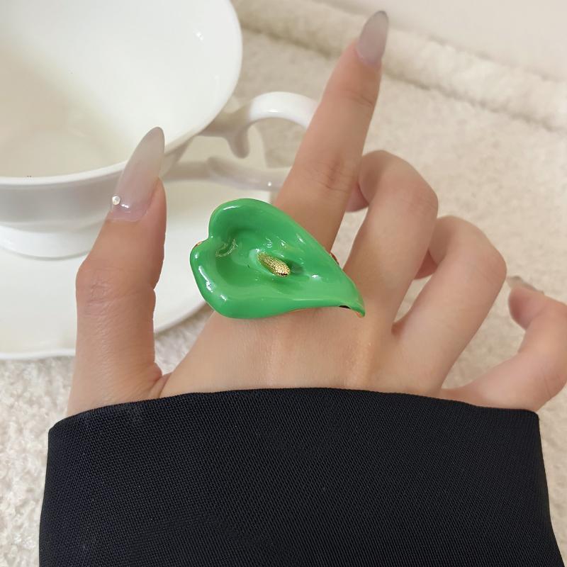 Calla Flower Ring Elegant Enamel Adjustable Metal Open Geometric Style for Women Dating Wedding Guest Wear