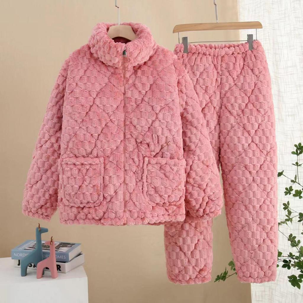 Three-Layer Fleece-Lined Quilted Winter Pajama Set for Elderly Women - Warm Coral Fleece Home Wear & Outerwear
