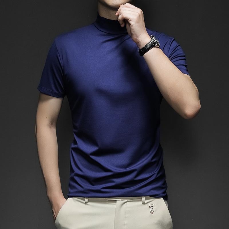 Cross-border Summer Solid Color Short-sleeved Fashion Bottoming Shirt Men's Tight Turtleneck T-shirt