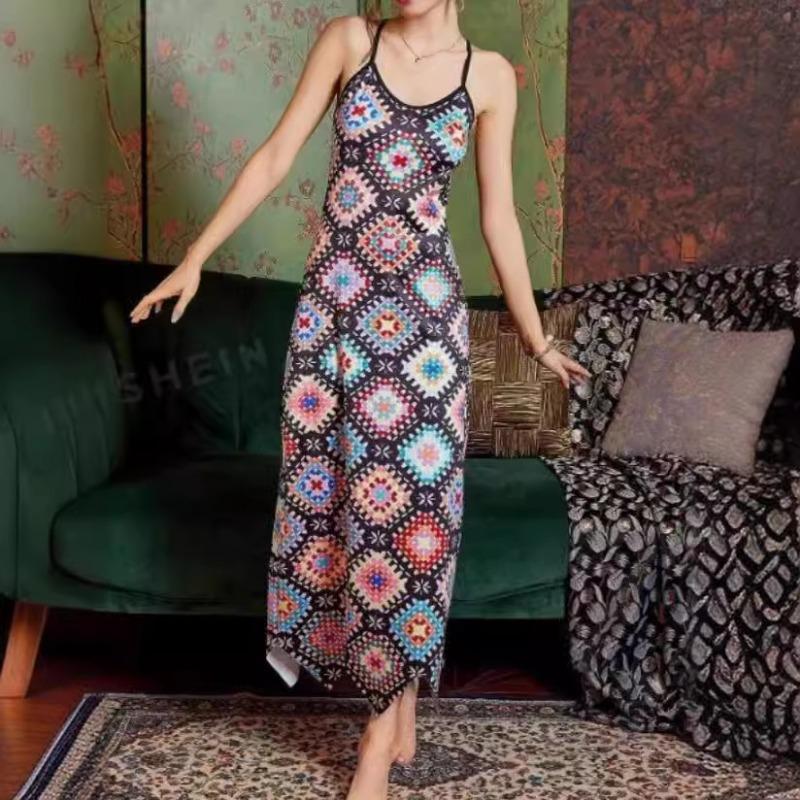 Bohemian Halter-print Sleeveless Skirt U-neck Personalized Street Dress