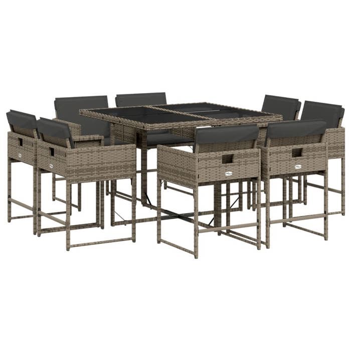 VidaXL Garden Dining Set 9 Pcs Grey Cushions Wicker 3278143