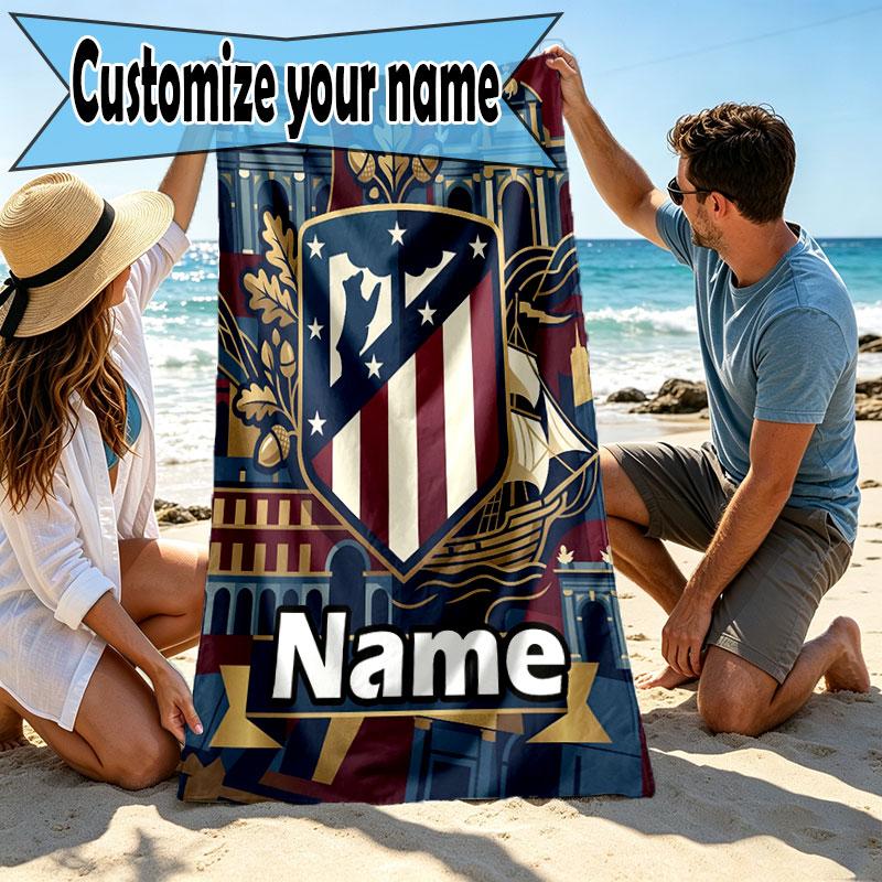 Custom Name Personalized Atletico Madrid Print Beach Towel, for Trip Camping Beach Party Home Decor, Birthday Gift for Family & Friends