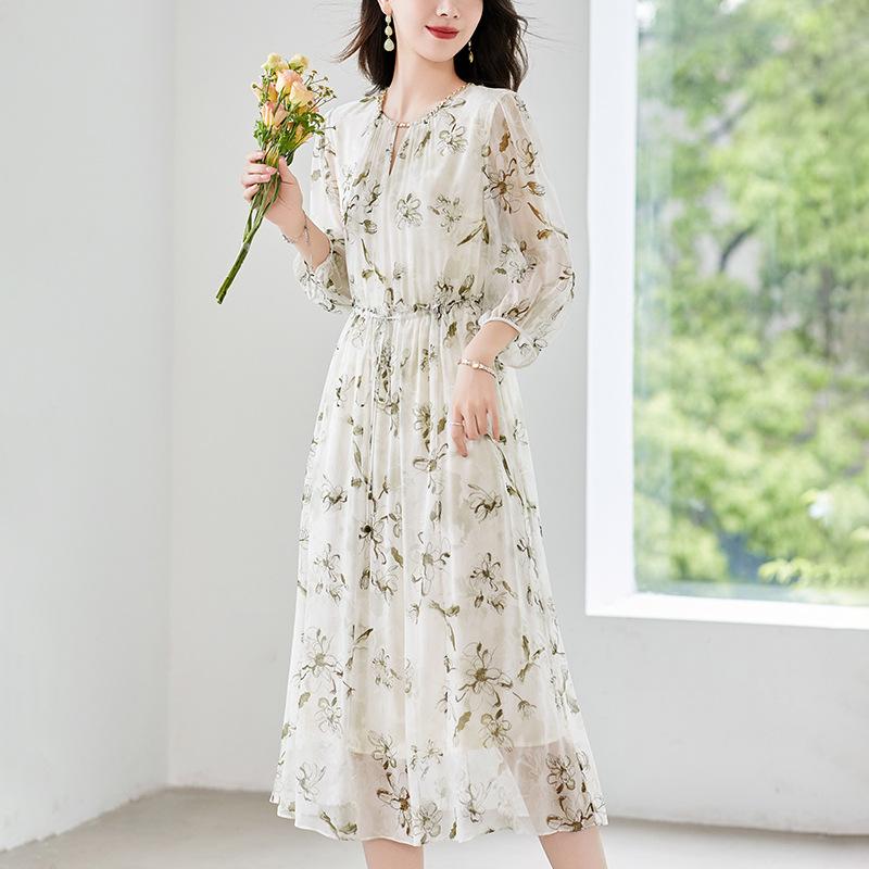 2026 summer new Hangzhou silk mulberry silk dress women's printing casual temperament waist lace-up floral skirt
