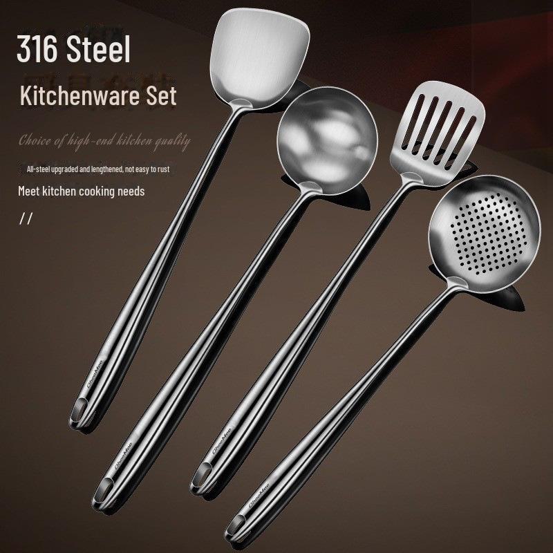 316 Stainless Steel Chef's Cooking Utensil Set: Frying Spoon, Long-Handle Soup Spoon, Shovel, and Spatula