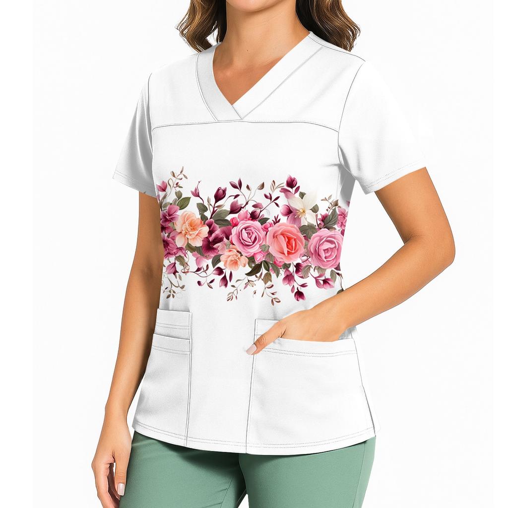 Damen Casual Bedrucktes V-Ausschnitt Taschen Seitennaht Schlitz Kurzarm Top