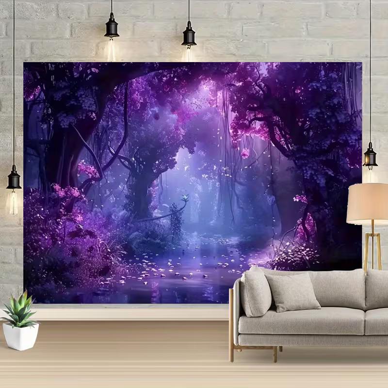 2D Dreamy Purple Forest Tapestry, Magical Fantasy Landscape Background Cloth