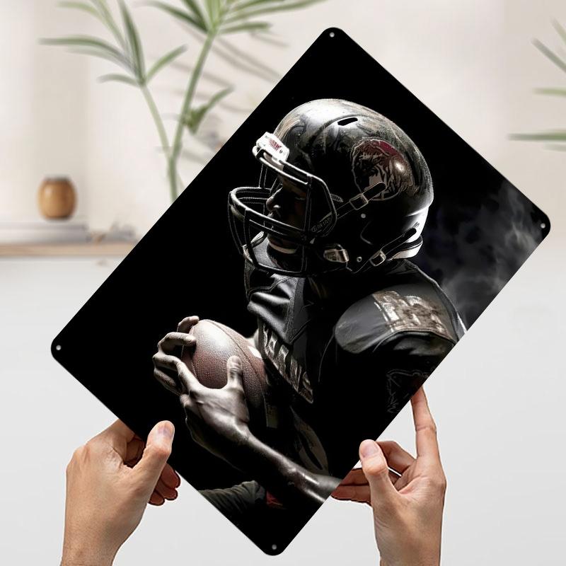 American Football Player With Ball Tinplate Poster Customized Wall Art Vintage Metal Signs Retro Tin Plaque for Desk Decor House 20x30cm(7.8x11.8inch)