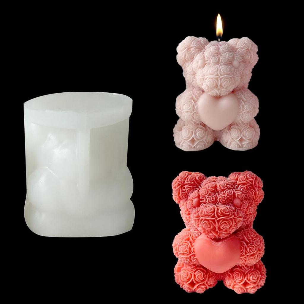 Zayookey Rose Bear Shape Candle Mold, Love Bear Soap Silicone Molds, Candle Epoxy Mold Resin Casting Mould for DIY Candle Making Aromatherapy Wax