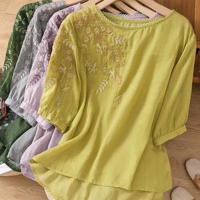 Sommer Neues Dünnes Rundhals-Shirt Bestickt Literarisch und Dünn Retro Locker Kurzarm-T-Shirt