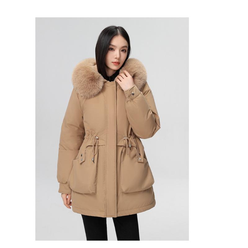 Dámská péřová bunda s kapucí, větruodolná, lehká, zateplená, nadýchaná, teplá, do chladného počasí, střední délky, ležérní, sportovní, parka, bavlněná bunda