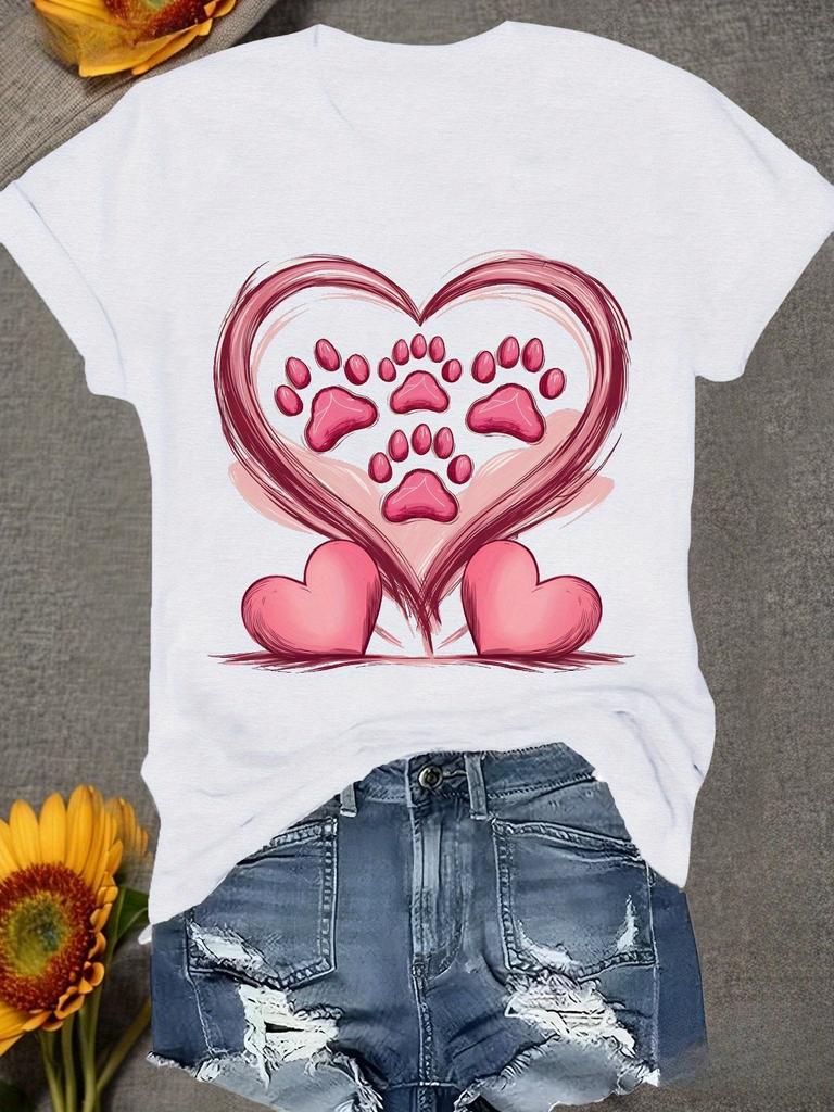 Heart Printed Summer Womens Top with Paw Print Round Neck Short Sleeved Casual Fashion Summer Womens Soft Clothing
