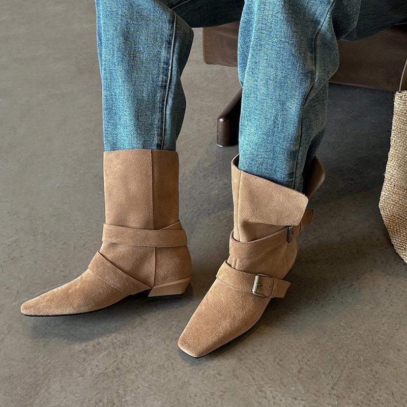 Fashion 2025 New Retro Women Cow Suede Calf Boots Western Boots Autumn Winter Square Toe Buckle Decoration Thick Heels Boots Women