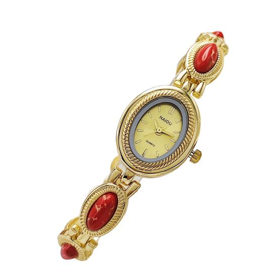 Faux Gemstone Bracelet Watch Ladies Vintage Oval Dial Wristwatch Elegant Quartz Watch Gift for Her Girlfriend Mom Wife