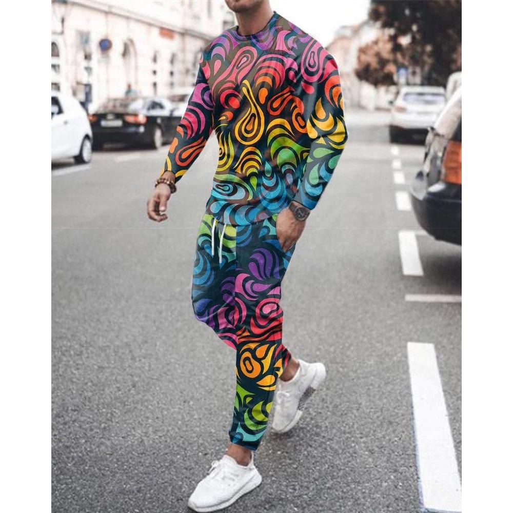 New Men's Long Sleeve T-Shirts Sets Abstract Pattern 3D Print Sports T-Shirt Pants Suit Fashion Tracksuit 2-Piece Jogger Outfits
