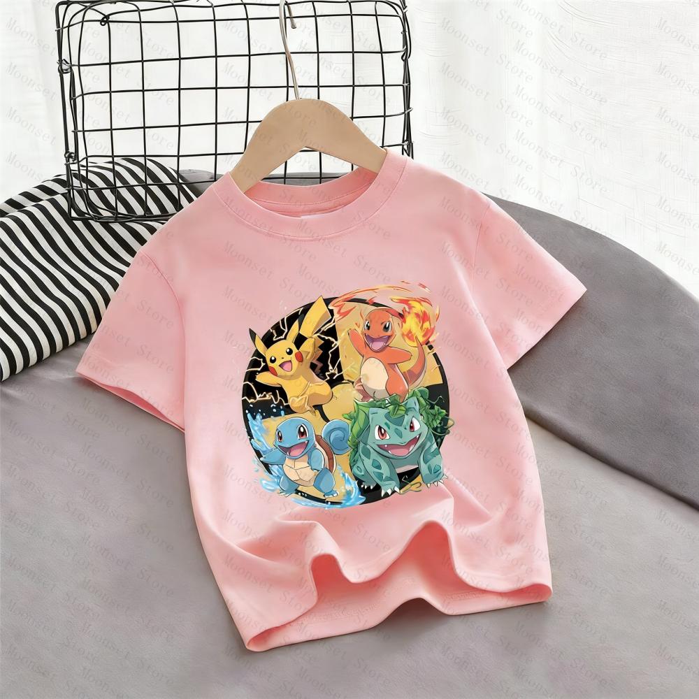 2026 Kids Pokemon T-Shirt Pikachu Charmander Squirtle Bulbasaur Graphic Tee Boys Girls Summer Short Sleeve Adult Casual Tops
