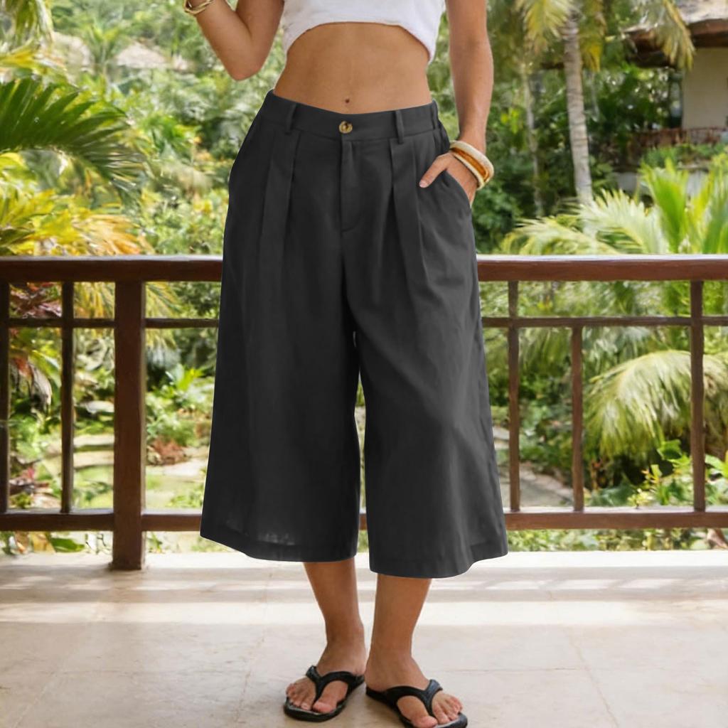 Women’s Casual Loose Fit Cropped Pants with Pockets Relaxed Mid Waist Wide Leg Seven Quarter Length Trousers for Everyday Wear