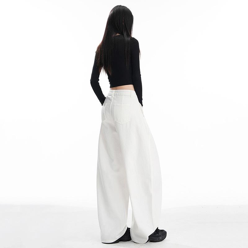 Women's American-Style Wide-Leg White Jeans: Autumn/Winter Pleated Casual Straight Floor-Length Pants