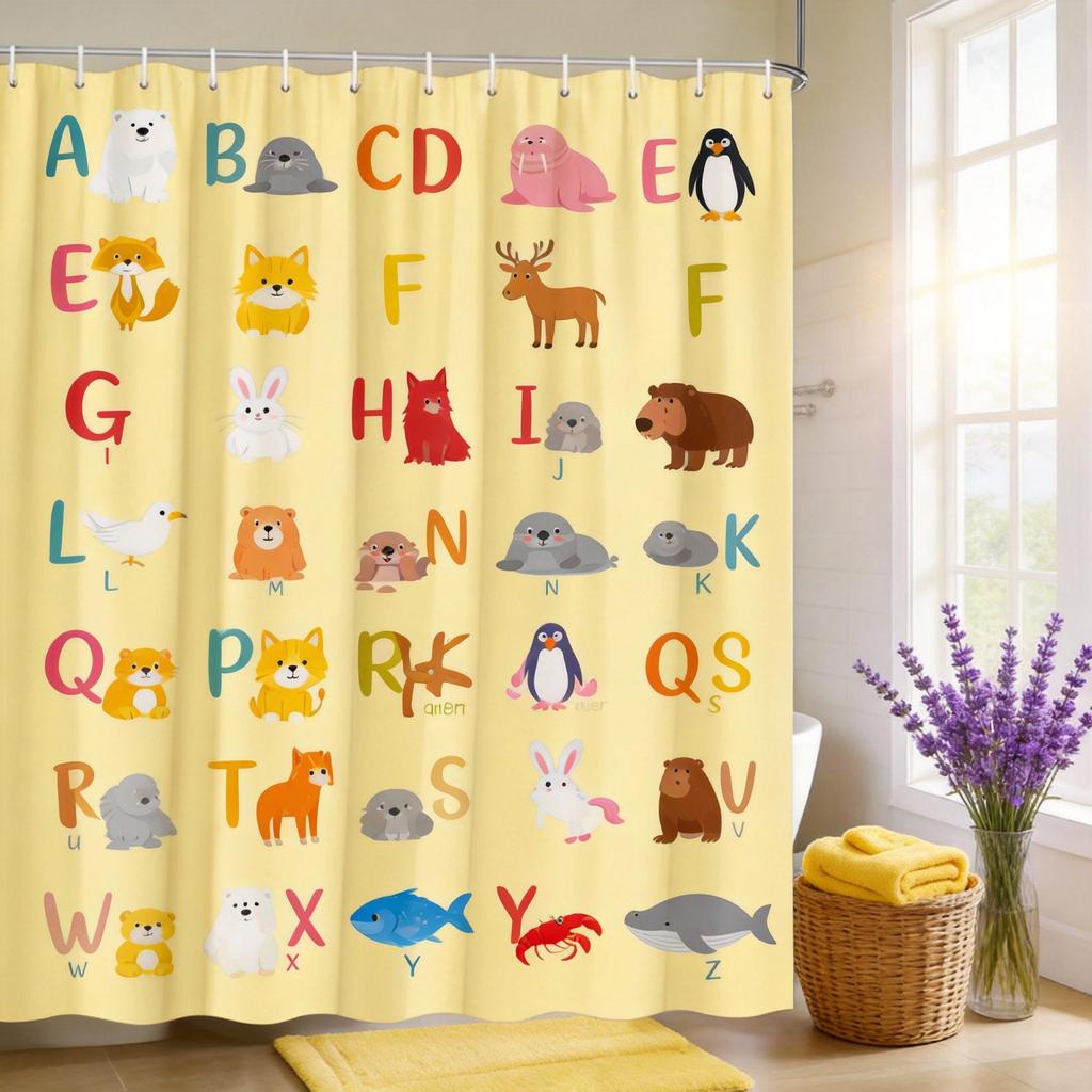 Animal Alphabet Shower Curtain Cute Cartoon Animals A-Z Print Polyester Bath Curtain with Hooks for Kids Bathroom Decor