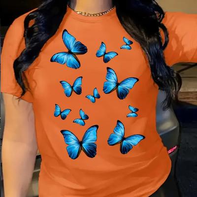 Women Summer T Shirt Print Blue Butterfly Short Sleeve Tees Casual Printed Tops