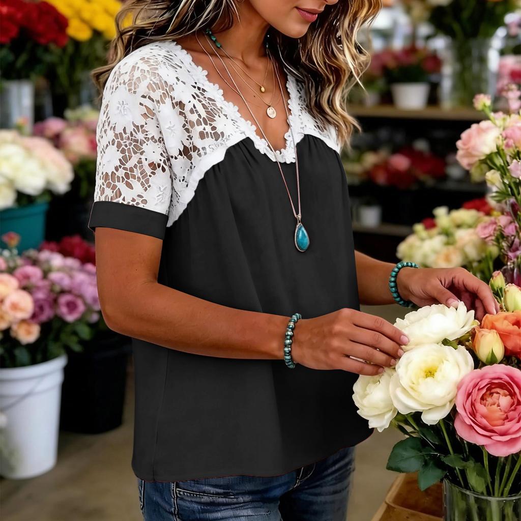 Women’s Short Sleeve Lace Patchwork Blouse V Neck Casual Loose Fit Top with Floral Crochet Design for Daily Wear