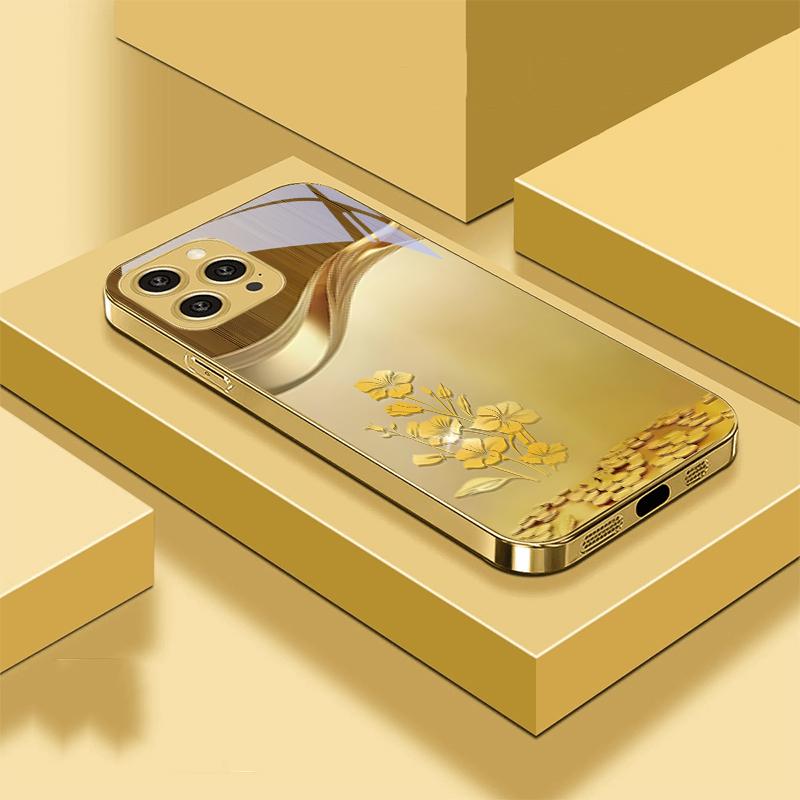 Golden Orchid Flower For IPhone 16 Pro Max 15 P Ro 14 M Ax 13 Plus 12 Mini 11 XS Max XR Golden Tempered Glass Phone Case
