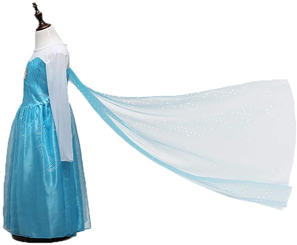 Princess Elsa Dress Costume for Luxury Ice Blue Heart Magic Braided [EKALA] Kids, 8-Piece Set, (Princess Dress, Tiara, Wand, Gloves, Necklace, Ring,