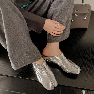 Mode Låg Klack Dam Pumps Fyrkantig Tå Delad Tå Äkta Läder Tofflor Vår Sommar Enkla Vardagliga Arbetskor Dam Ny