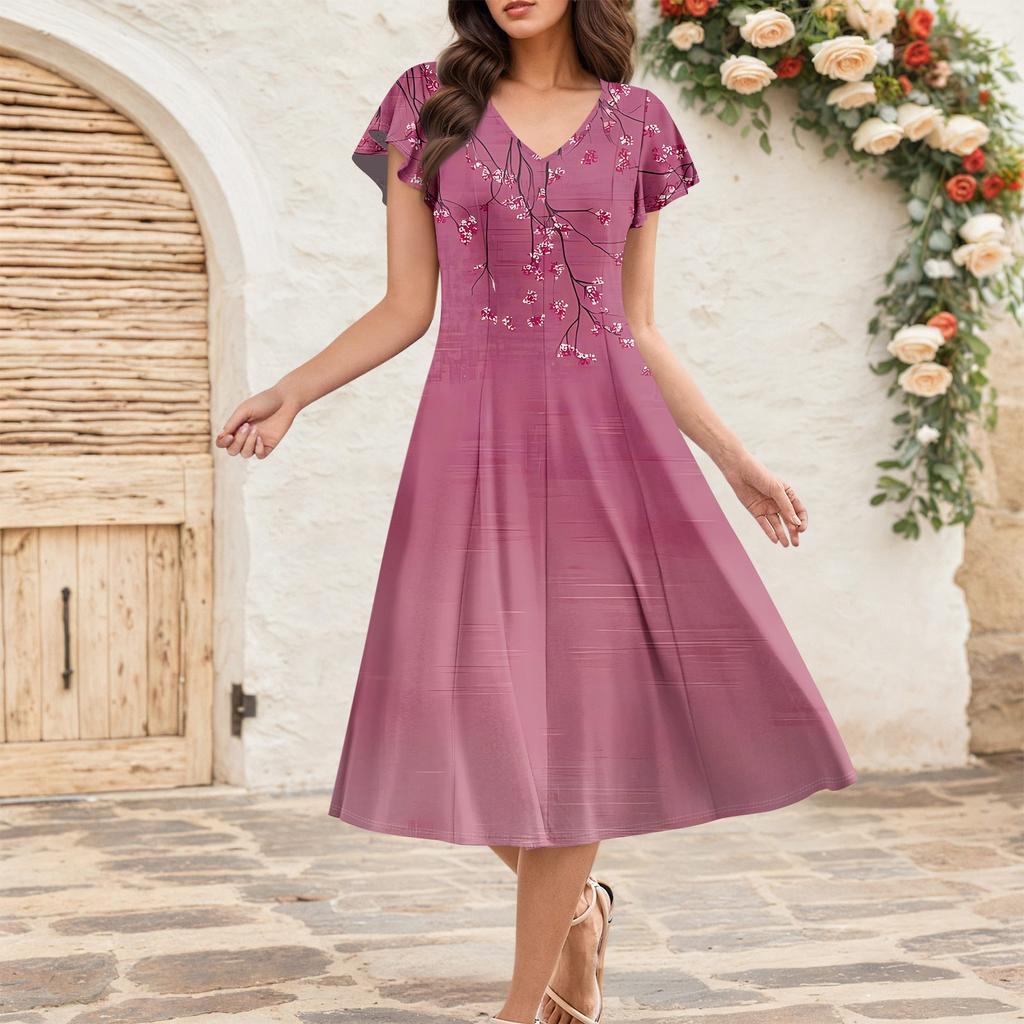 Dámské letní módní šaty midi s výstřihem do V a volánkovými rukávy v retro elegantním stylu