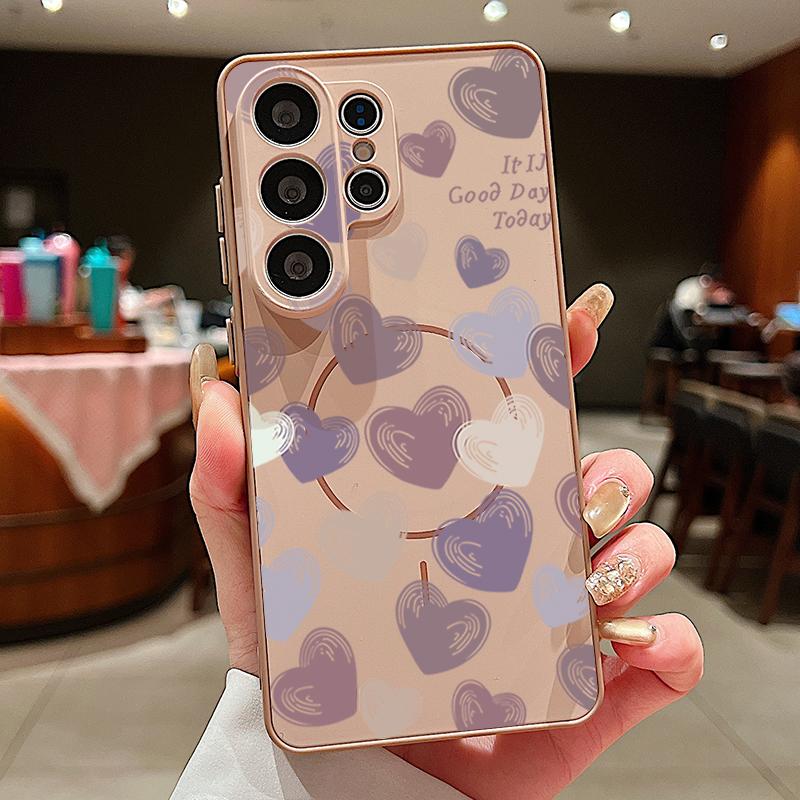 Magnetic For Magsafe Case For Samsung Galaxy S26 Ultra S25 Edge S24 Plus S23 FE S22 A54 A55 A56 5G Candy Color Love Hearts Pattern Matte Cover