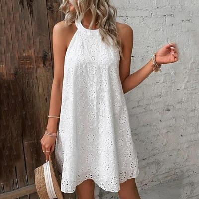 Rochie fără mâneci cu scobitură florală de epocă, rochii albe, elegante, rochii de vară, linie A, scurtă, femei