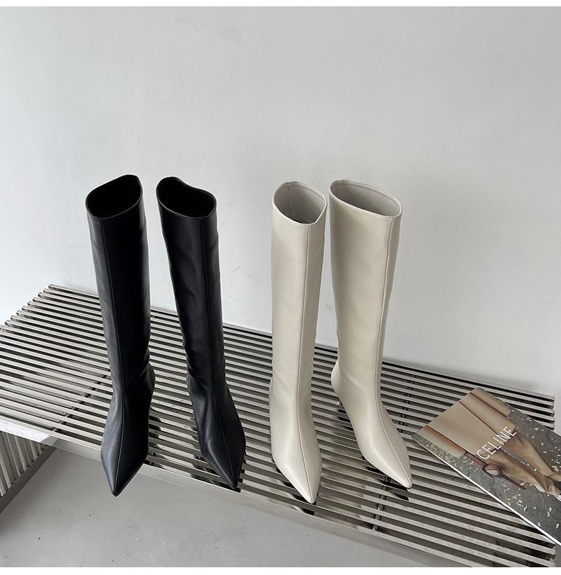 2025 Spring and Autumn New Fashion Versatile Simple Fashion Wide Boots Korean version of pointed toe sleeve high boots soft leather