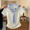 Korean Version of College Style Striped Lace-up Lapel Short-sleeved Women's Summer Sweet and Cute Embroidered Shoulder Short T-shirt